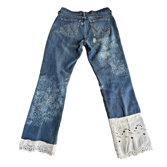 Upcycled One Of A Kind Bleahed Patchwork Jeans Wrangler Size 5/6 32 Boho Western - Picture 2 of 13